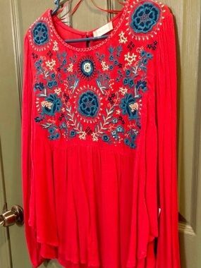 NWT-Altar'd State Red Embroidered Peasant Top with Blue Accents